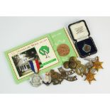 A assorted collection of medals, cloth and metal army badges, music medals etc,