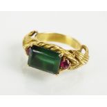 A three stone tourmaline and ruby dress ring,