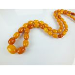 A graduated amber bead necklace, comprising fifty-five oval amber beads, with screw fastening,
