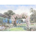 Lilian Stannard (1877-1944) Pink rose pagoda beside a herbaceous border, signed lower left,