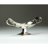 An Arts & Crafts two handled silver navette shaped bowl, G L Connell Ltd, Birmingham 1911,