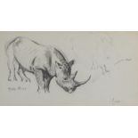 Terence Cuneo (1907-1996) Black rhino and calf, signed lower right, inscribed with title,