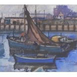Alfred P Tompkin (Exh.1926) Fishing boat in a harbour, signed lower right, watercolour, 32.