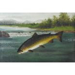 British school, early 20th century Jumping salmon, oil on canvas,