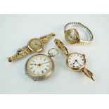 A Lady's 9ct gold wristwatch, the white enamel dial with black Roman numerals,