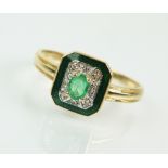 A 14ct gold emerald, diamond and enamel cluster ring,