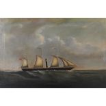 British school, mid-19th century Three masted sailing vessel with funnel, oil on canvas,