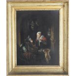 Manner of Dominicus Van Tol (1635-1676), Interior Scene with a lady holding a fish, Oil on panel,