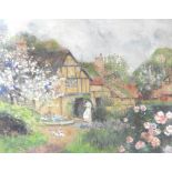 David Woodlock (1842-1929) Cottage garden with lady feeding pidgeons,