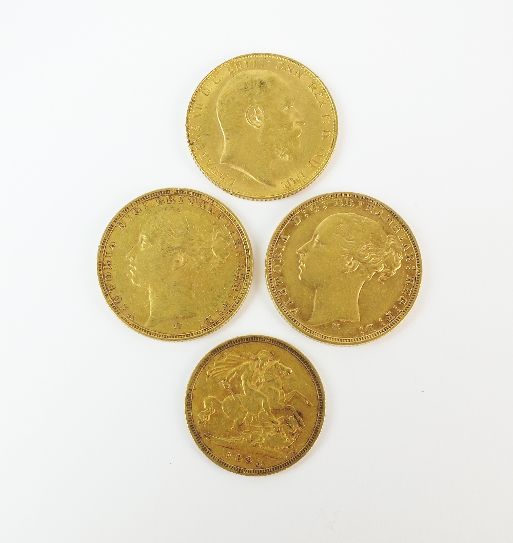 Two Victoria young head sovereigns, dated 1879 and 1886, an Edward VII sovereign,