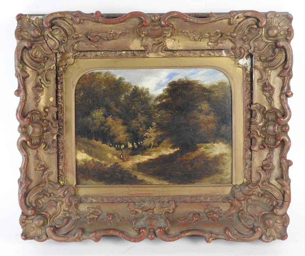 Circle of John Crome (1768-1821) Figures on a woodland track, oil on board, - Image 2 of 3
