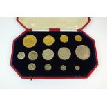 An Edward VII cased thirteen coin specimen set, dated 1902, £5, £2, sovereign and half sovereign,