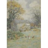 Alfred Adams (late 19th century) Chickens beside farm buildings, signed lower left, watercolour,