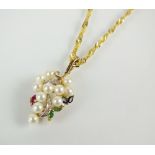 A 9ct gold cultured pearl, diamond, ruby, sapphire and emerald stylised grape pendant,