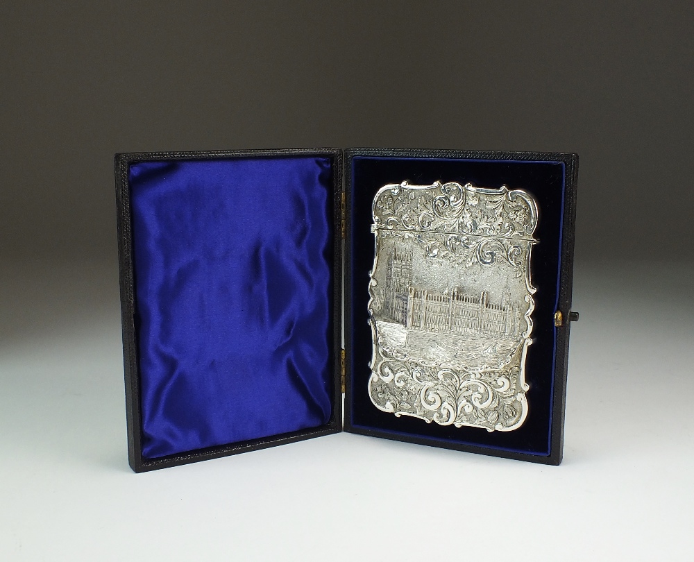 A cased silver castle top card case, Nathaniel Mills, Birmingham 1844,