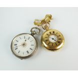 A lady's continental half hunter fob watch, stamped '18k',