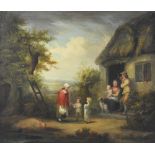 Circle of George Morland (1763-1804) Family group outside a thatched cottage, oil on canvas,