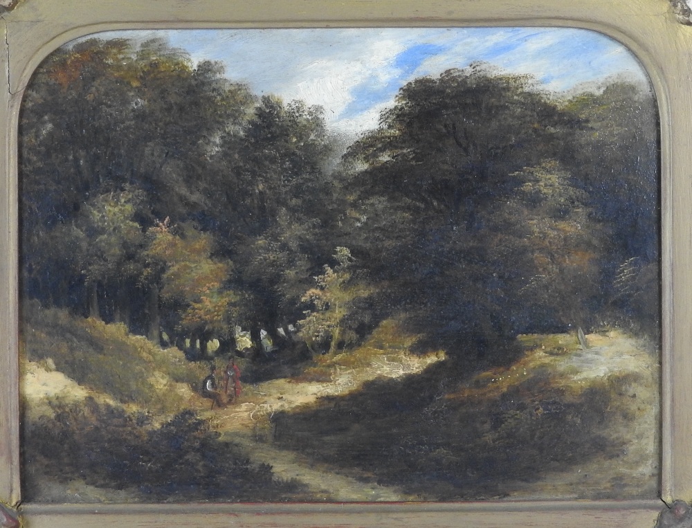 Circle of John Crome (1768-1821) Figures on a woodland track, oil on board,