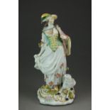 A Chelsea porcelain figure of a female shepherdess, circa 1765,