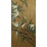 Manner of Shen Zhen (1814-1856) exotic birds in fruiting peach branches, ink and colour on textile,