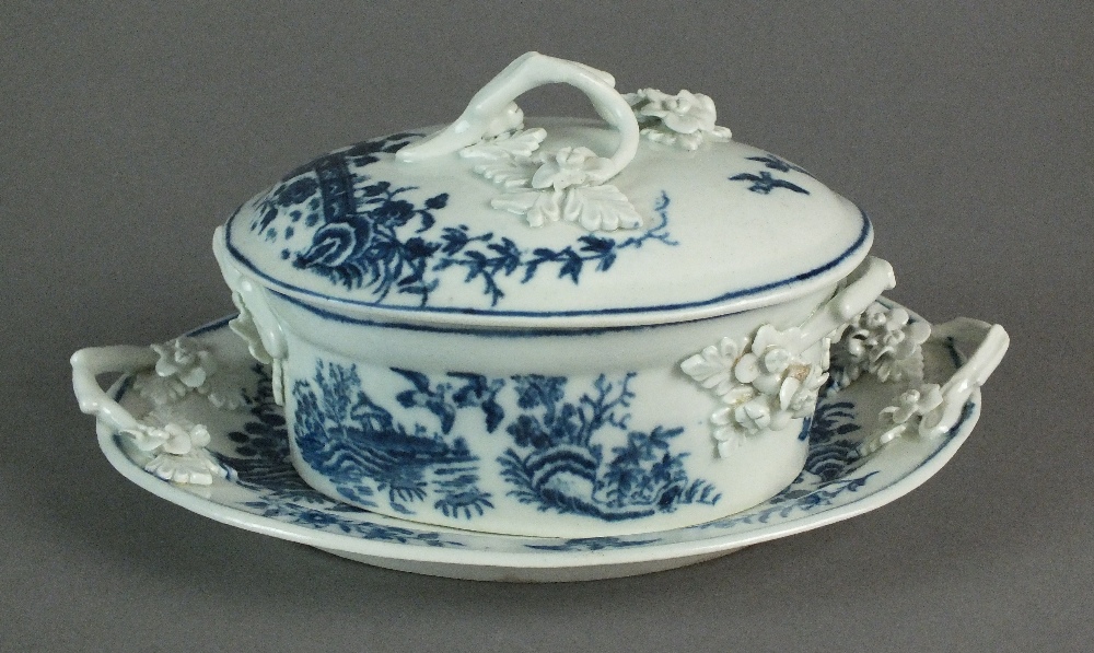 A Caughley oval butter dish, cover and stand transfer-printed in the Fence pattern, circa 1777-80,