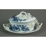 A Caughley oval butter dish, cover and stand transfer-printed in the Fence pattern, circa 1777-80,