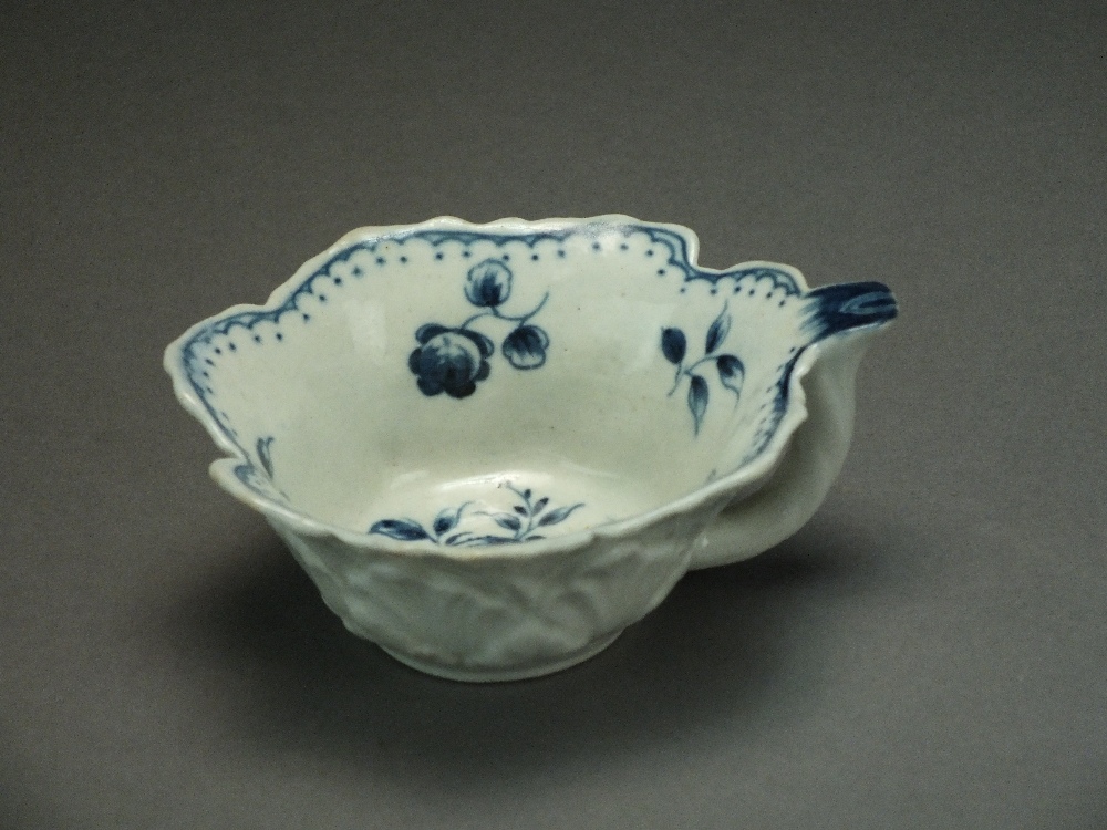 A rare Caughley leaf dish butter boat painted in the Gooseberry pattern, circa 1776-80,