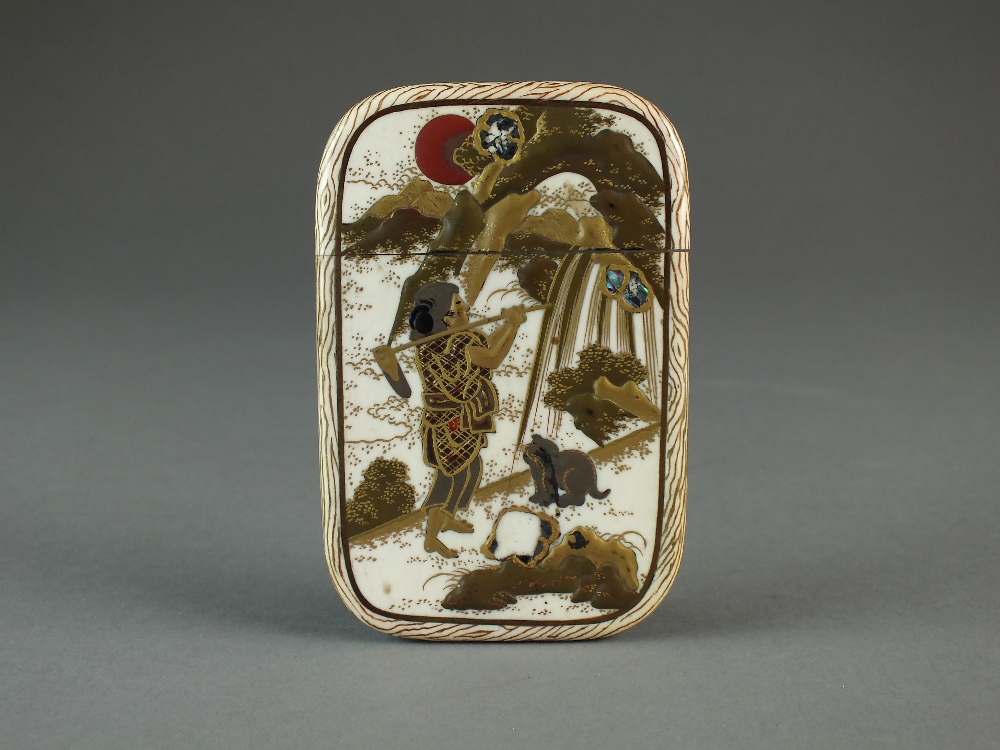 A Japanese lacquered ivory card case, Meiji period, of rectangular form with rounded corners, - Image 2 of 3