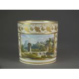 A Derby porter mug painted with a rectangular named view titled 'In Italy' within floral gilt