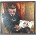 Francis Rudolph (1921-2005) Old man reading a paper with a snow drop button hole,