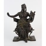 A late 19th century bronze figure of a seated classical female musician, holding a lyre,