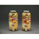 A pair of Royal Worcester fruit-painted vases with reticulated upper rims, shape G42,