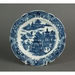 A Caughley dessert plate transfer-printed in the Temple pattern, circa 1784-92, Sx mark, 20.