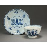 A Caughley tea bowl and saucer painted with the Waiting Chinaman pattern, circa 1776-80, S mark,