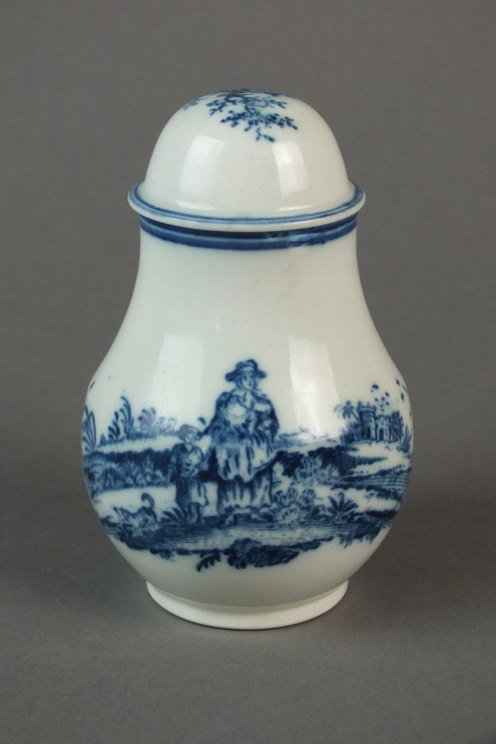 A Caughley dry mustard pot transfer-printed in the Travellers pattern, circa 1778-85, S mark,