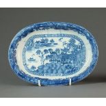 An oval Caughley baking dish transfer-printed in the Willow Nankin pattern, circa 1783-90, unmarked,