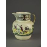 A Leeds creamware hunting jug, late 18th/early 19th century decorated in relief with figures,