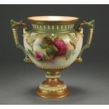 A Royal Worcester twin handled vase painted with Hadley style roses signed by M.