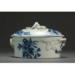 A Caughley oval butter dish and cover transfer-printed in the Pine Cone and Three Flowers patterns,