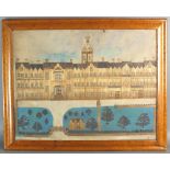 English school, 19th century, Country house facade made with straw, in a burr maple frame,