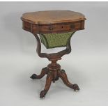 A mid Victorian figured and burr walnut pedestal work table the quarter veneered top over a single