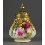 A Royal Worcester pot pourri vase and cover painted with Hadley style roses, shape H219,