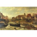 Continental school, late 19th century Dutch city river scene, oil on canvas,