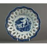 A circular Caughley basket transfer-printed in the Fisherman or Pleasure Boat pattern,