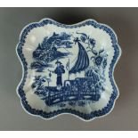 A Caughley canted square dessert dish transfer-printed in the Pleasure Boat or Fisherman pattern,