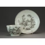 A Worcester tea bowl and saucer printed in black with Hancock's L'Amour pattern, circa 1770,