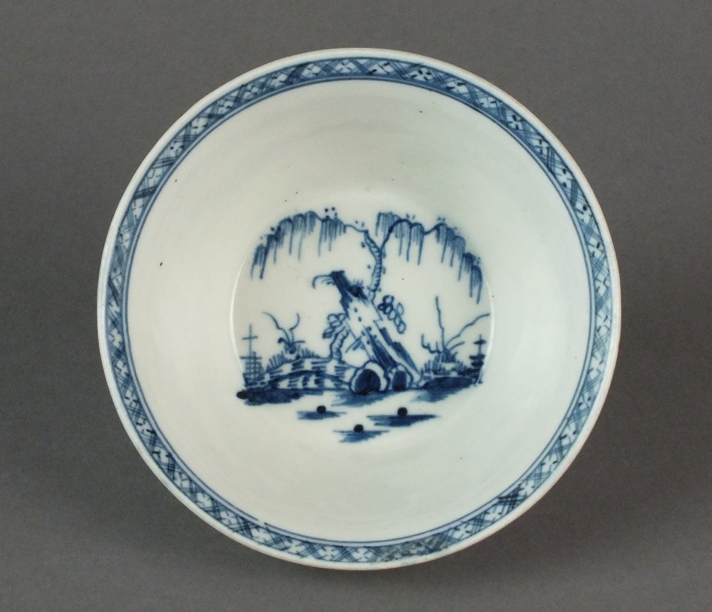 A deep Caughley bowl painted with the very rare Rock and Willow pattern, possibly a tart pan,
