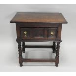 A 17th century style oak single drawer side table,