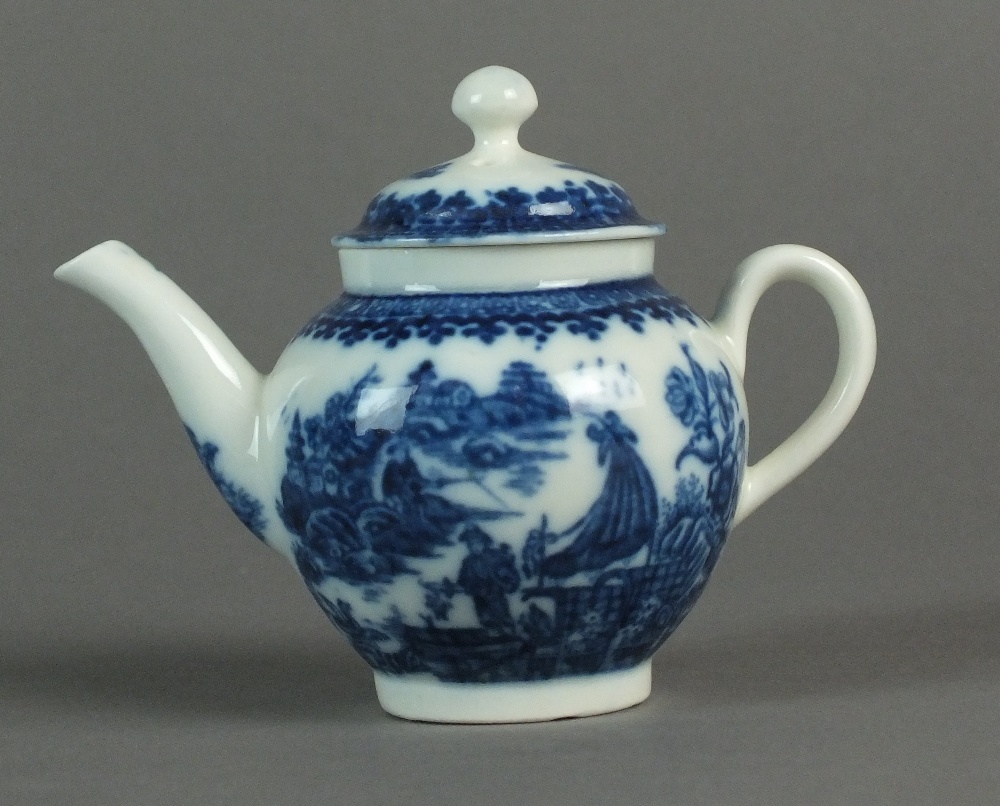 A Caughley toy teapot and cover transfer-printed in the Fisherman or Pleasure Boat pattern,