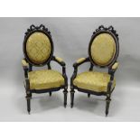 A Victorian Louis XVI style three piece salon suite with gilt metal mounts and carved ribbon